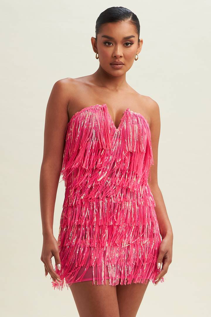 Amalee Two Piece Set - Fringe Strapless Crop Top and Midi Skirt Set in Pink
