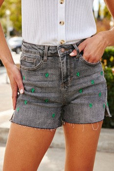 High Waisted Cactus Embroidered Shorts