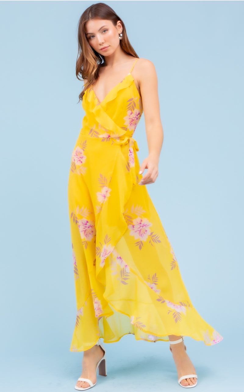 yellow spaghetti strap dress KissProm Straps Mermaid Satin Ruffled Long Prom Dresses With Slit, Yellow / 8 Sky Blue Spaghetti Strap Yellow Floral Dress