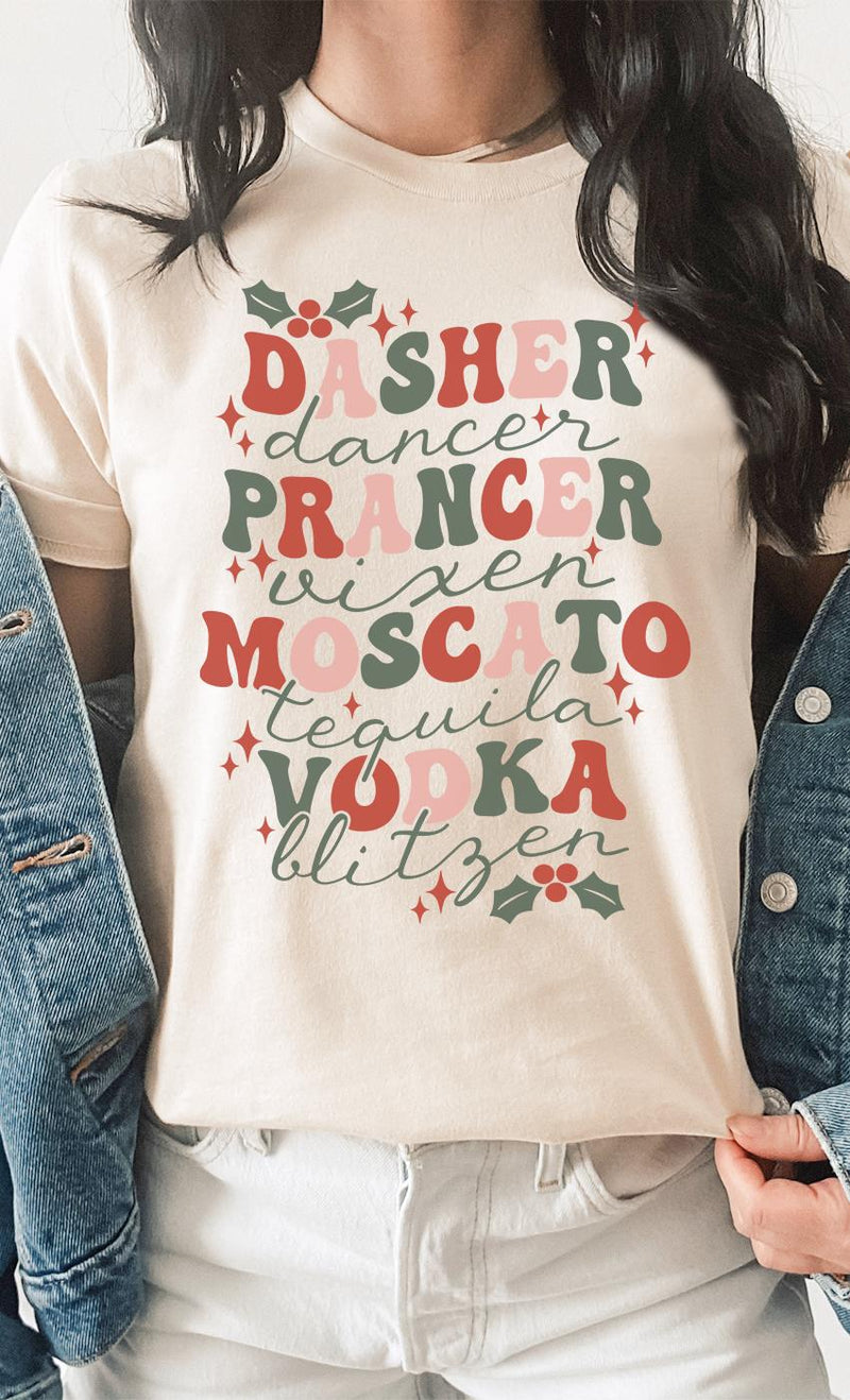 Dasher Prancer Moscato Tequila Vodka Holiday Tee