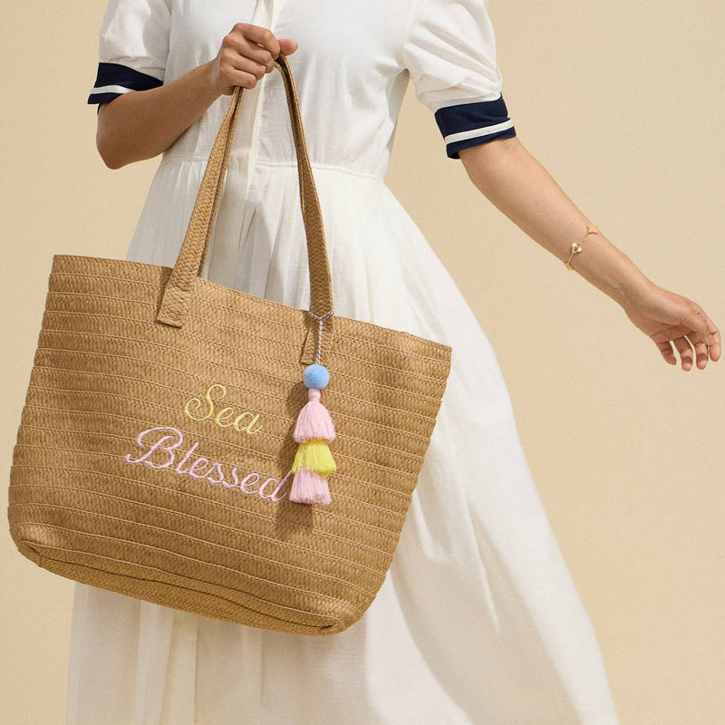 Sea Blessed Embroidered Raffia Tote Bag with Tassel Charm