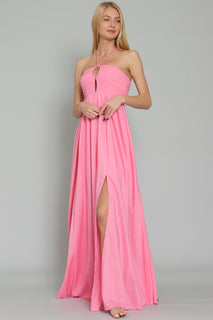Halter Pleat Pink Maxi Dress