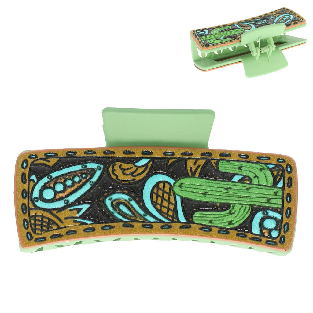 Western Cactus Tooled Leather Hair Claw Clip