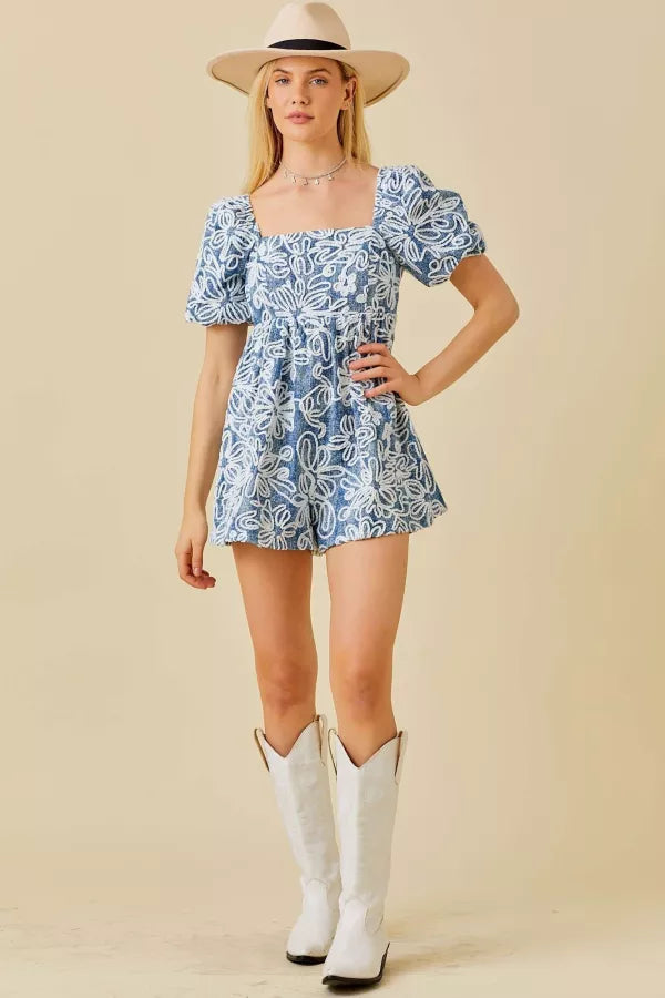 Floral Velvet Denim Romper