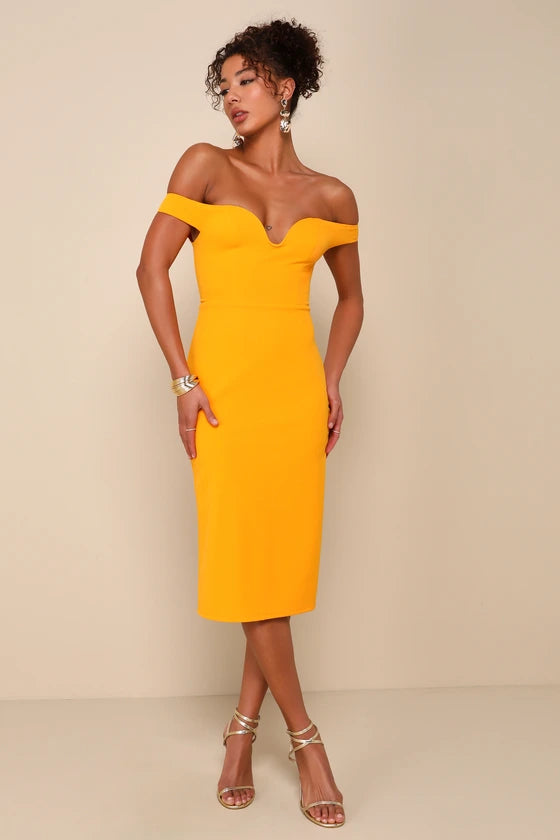 Golden Yellow Off Shoulder Midi Dress