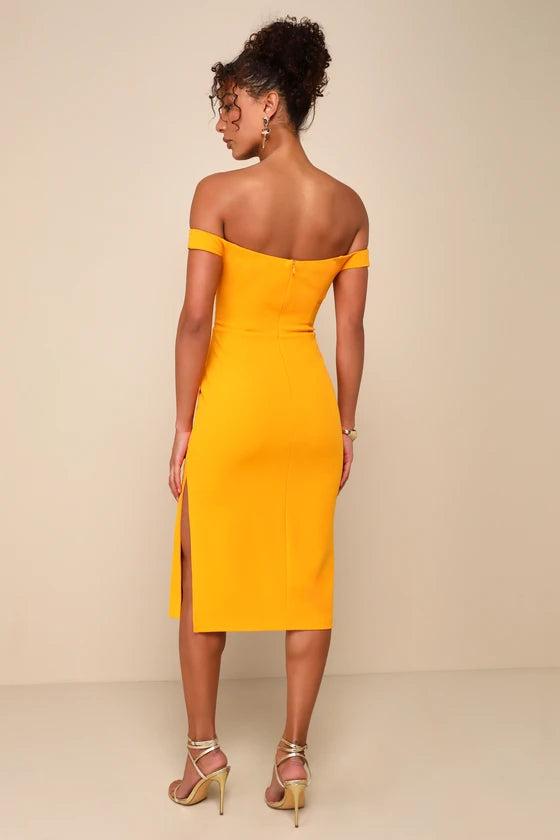 Golden Yellow Off Shoulder Midi Dress