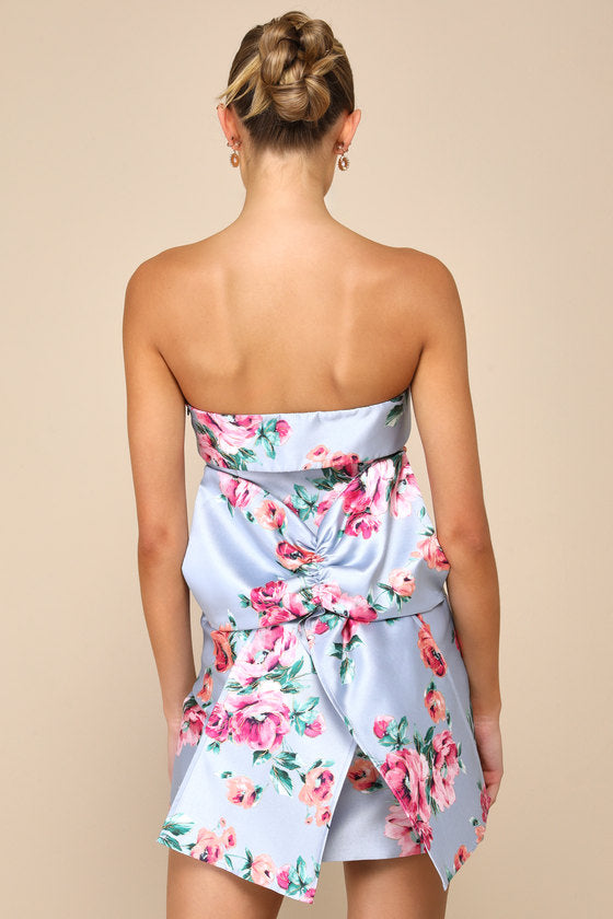 Light Blue Floral Taffeta Strapless Bow Mini Dress Rolling Rack Boutique Light Blue Floral Taffeta Strapless Bow Mini Dress Rolling Rack Boutique