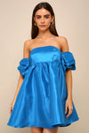 Blue Taffeta Off Shoulder Babydoll Mini Dress