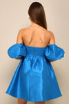 Blue Taffeta Off Shoulder Babydoll Mini Dress