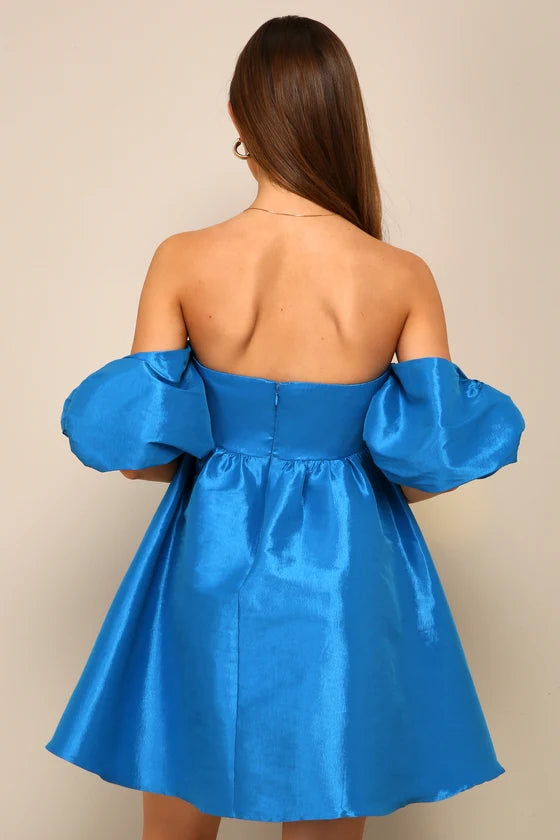 Blue Taffeta Off Shoulder Babydoll Mini Dress