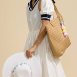 Sea Blessed Embroidered Raffia Tote Bag with Tassel Charm