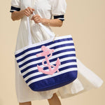 Terry Stripe Print and Anchor Patched Large Size Beach Tote