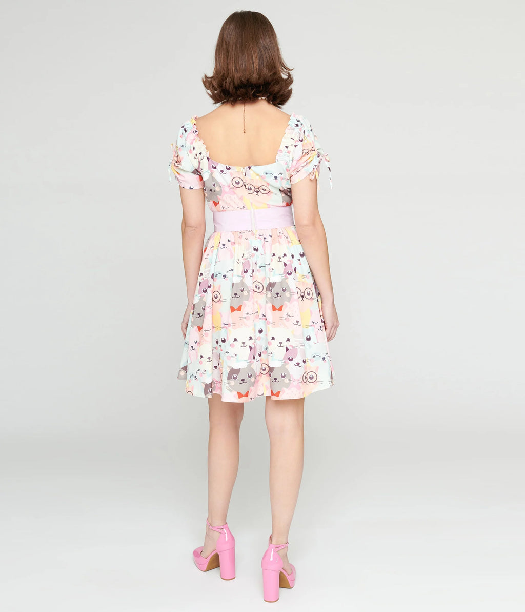 Unique Vintage Multi Cat Sweetheart Neck Swing Dress