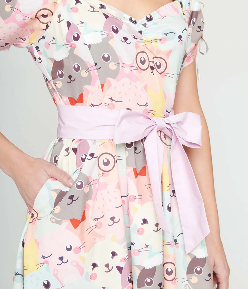 Unique Vintage Multi Cat Sweetheart Neck Swing Dress