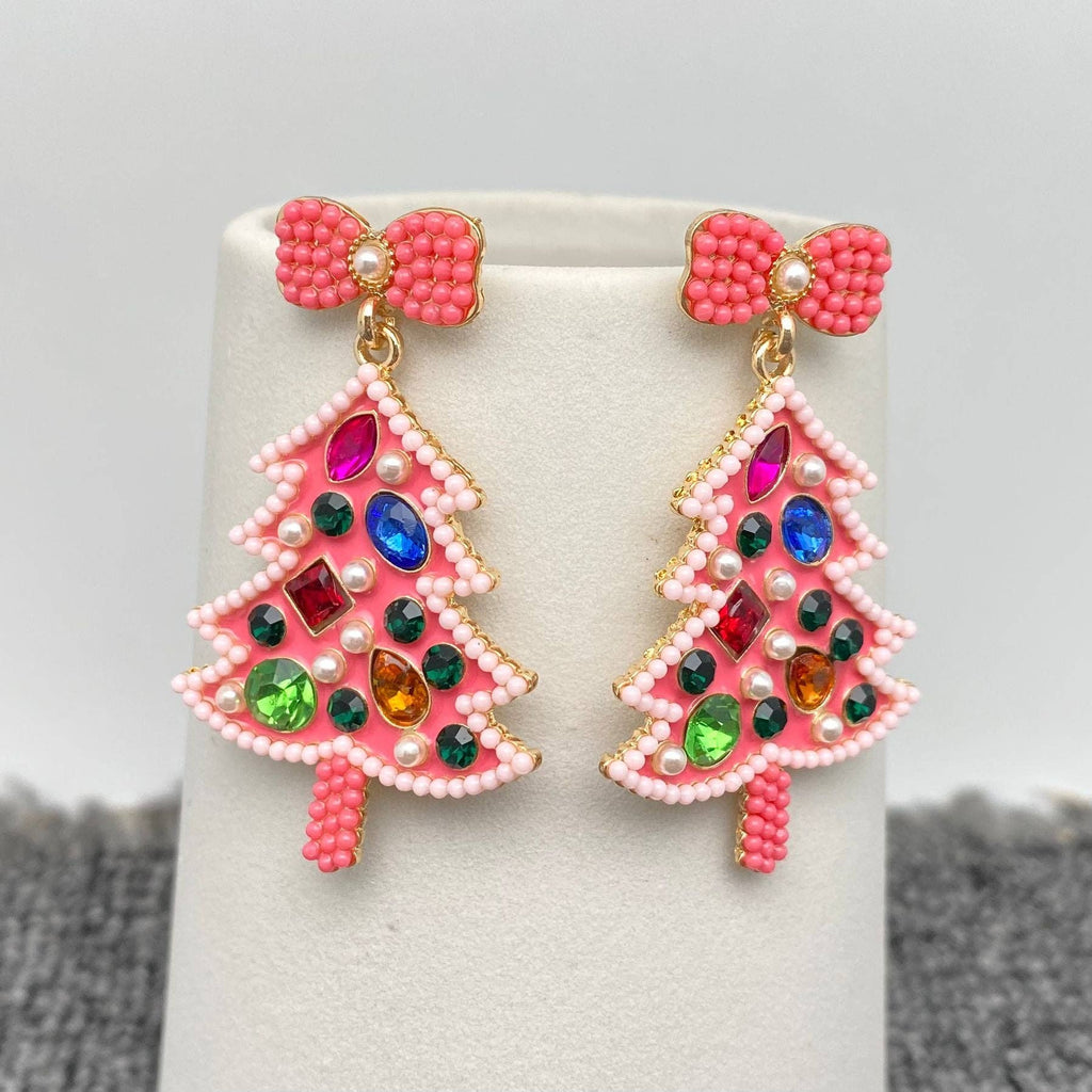 Sparkling Rhinestone Enamel Christmas Tree Bow Post Earrings