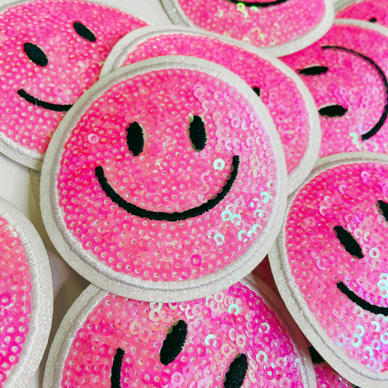 NEON Pink or Yellow Sequin Smiley Face Patch