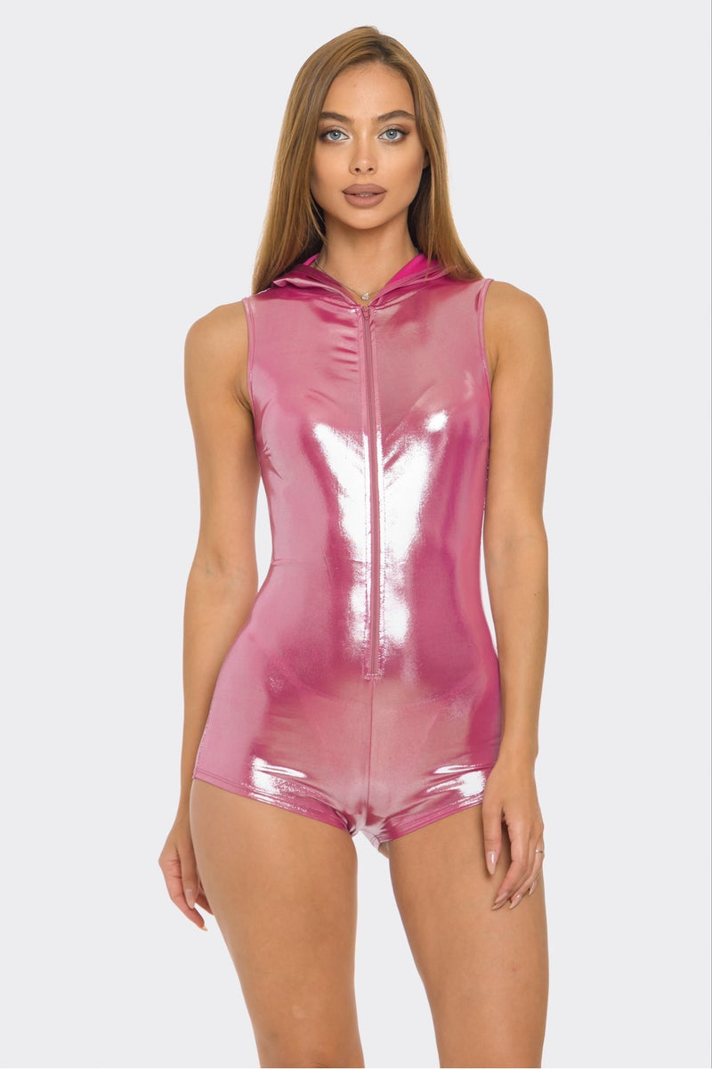 Pink/Silver Foil Hooded Romper-FINAL SALE