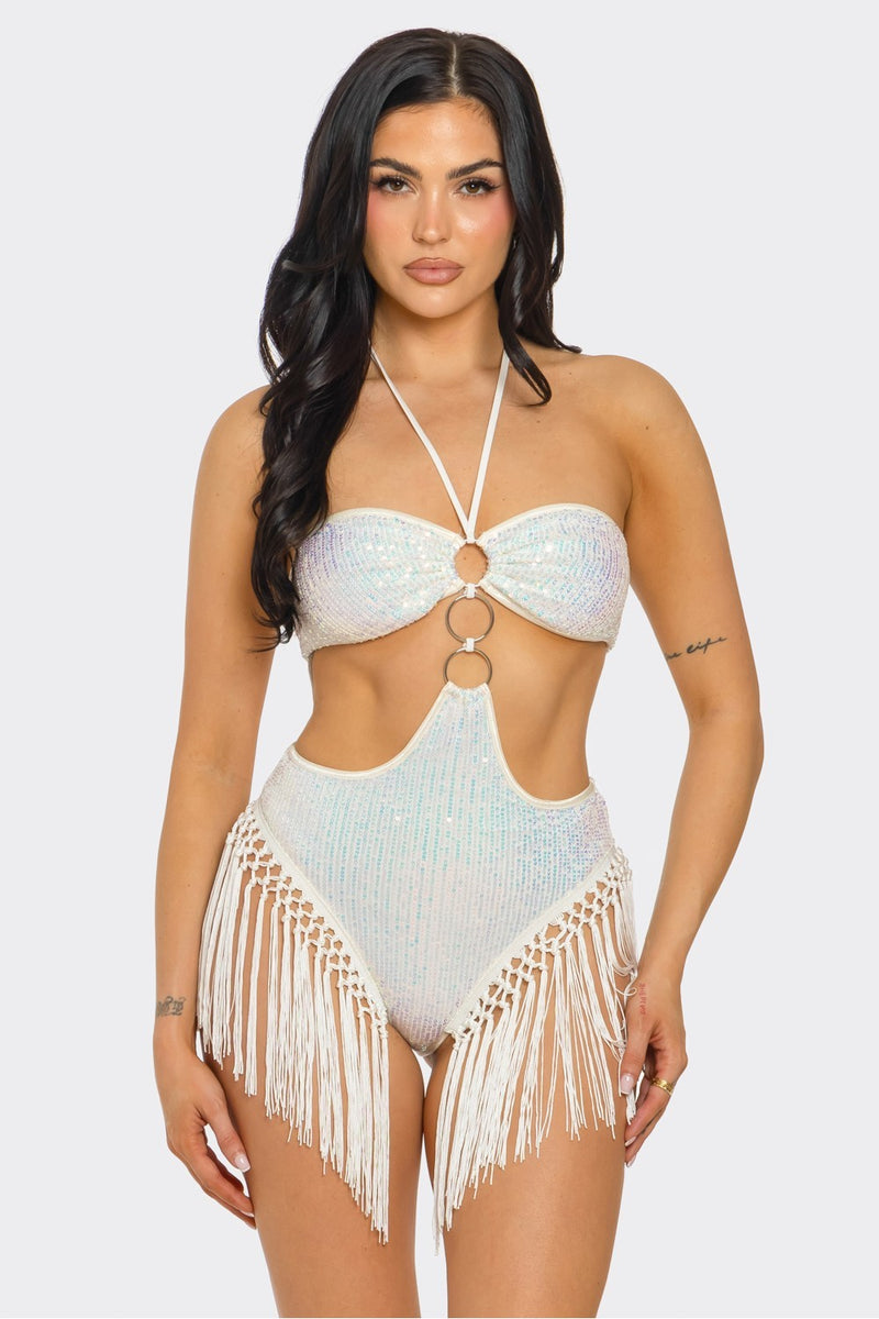 Iridescent Sequin Bodysuit w/Fringe