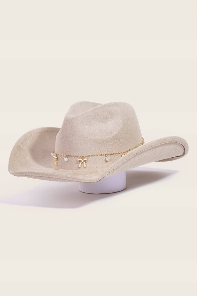 Ribbon Bow Pearl Chain Cowboy Hat