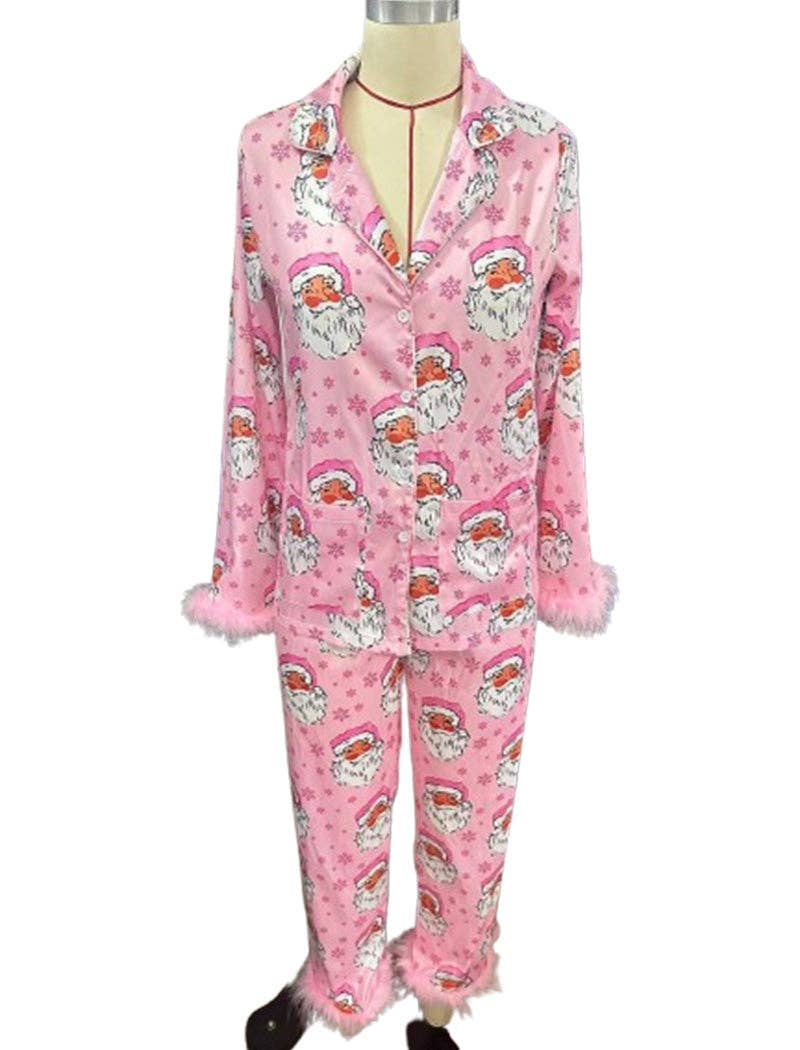 Santa Print Pajama Set with Feather Cuffs