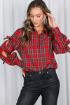 Bow Accent Puff Sleeve Collared Neck Plaid Shirt