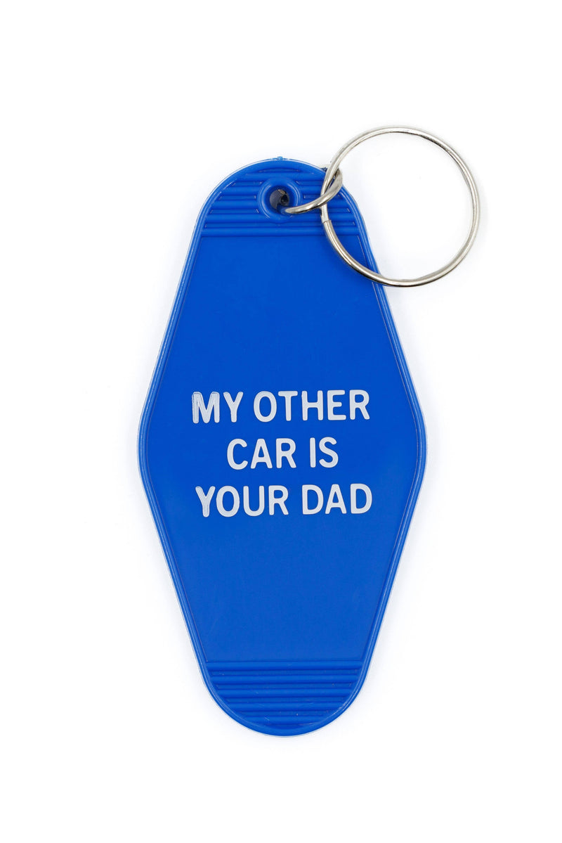 My Other Car Is Your Dad Motel Keychain in Blue