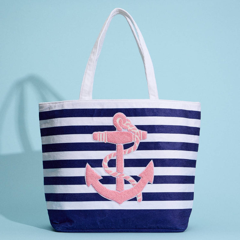 Terry Stripe Print and Anchor Patched Large Size Beach Tote