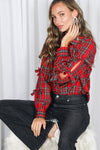 Bow Accent Puff Sleeve Collared Neck Plaid Shirt