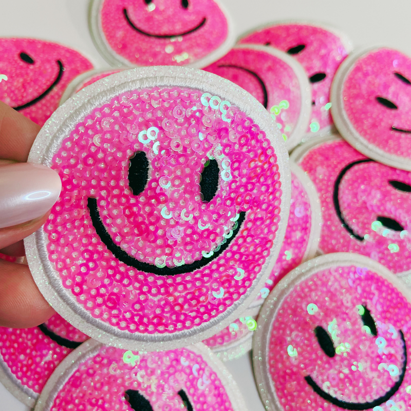 NEON Pink or Yellow Sequin Smiley Face Patch