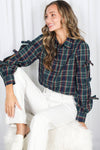 Bow Accent Puff Sleeve Collared Neck Plaid Shirt
