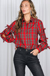Bow Accent Puff Sleeve Collared Neck Plaid Shirt
