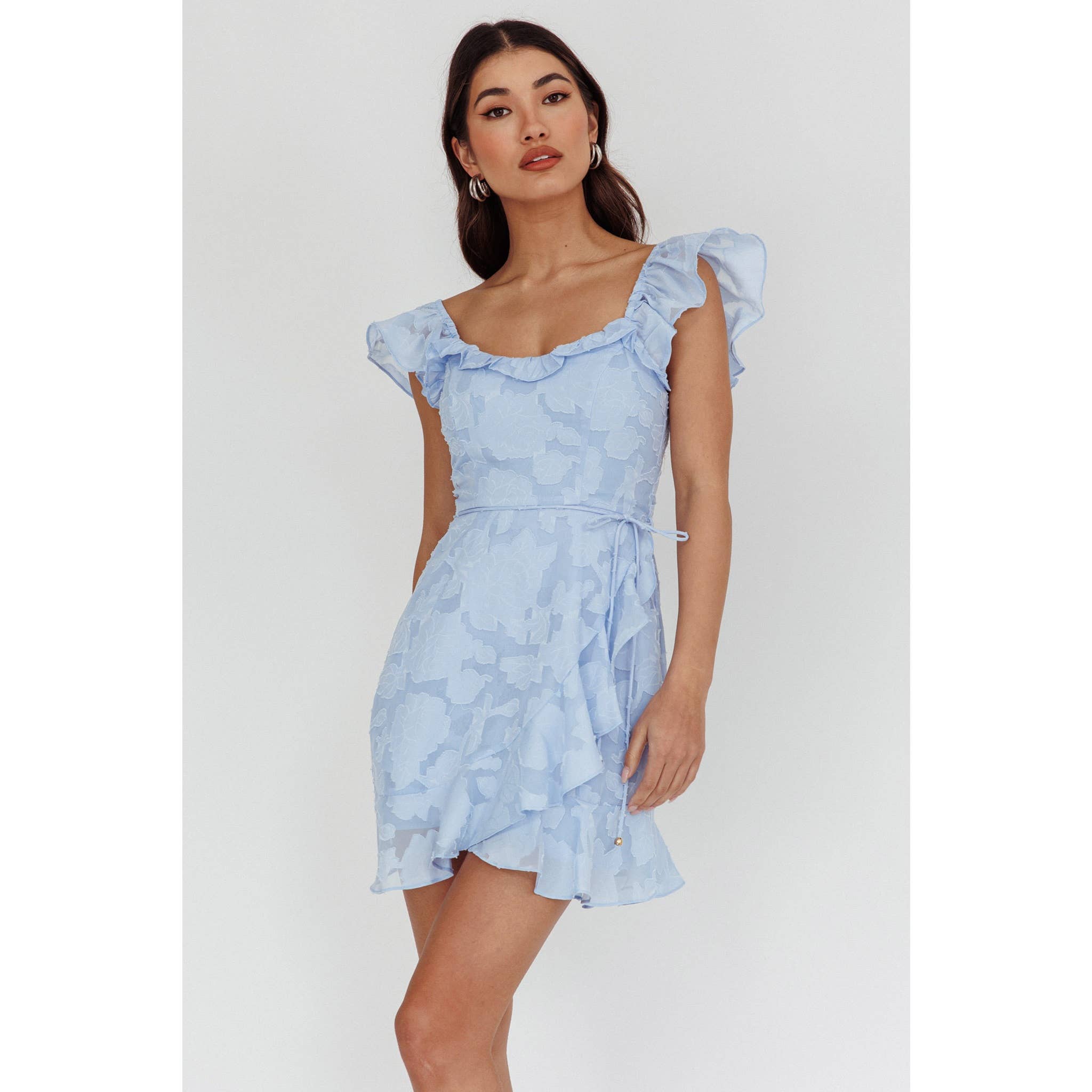 Blue Ruffle Jacquard Mini Dress Rolling Rack Boutique Blue Ruffle Jacquard Mini Dress Rolling Rack Boutique