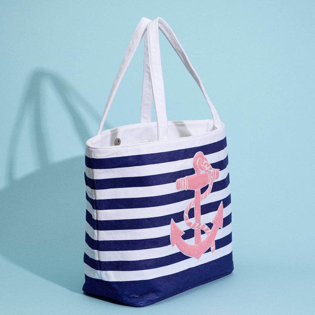 Terry Stripe Print and Anchor Patched Large Size Beach Tote
