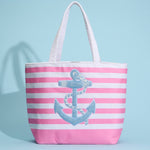 Terry Stripe Print and Anchor Patched Large Size Beach Tote