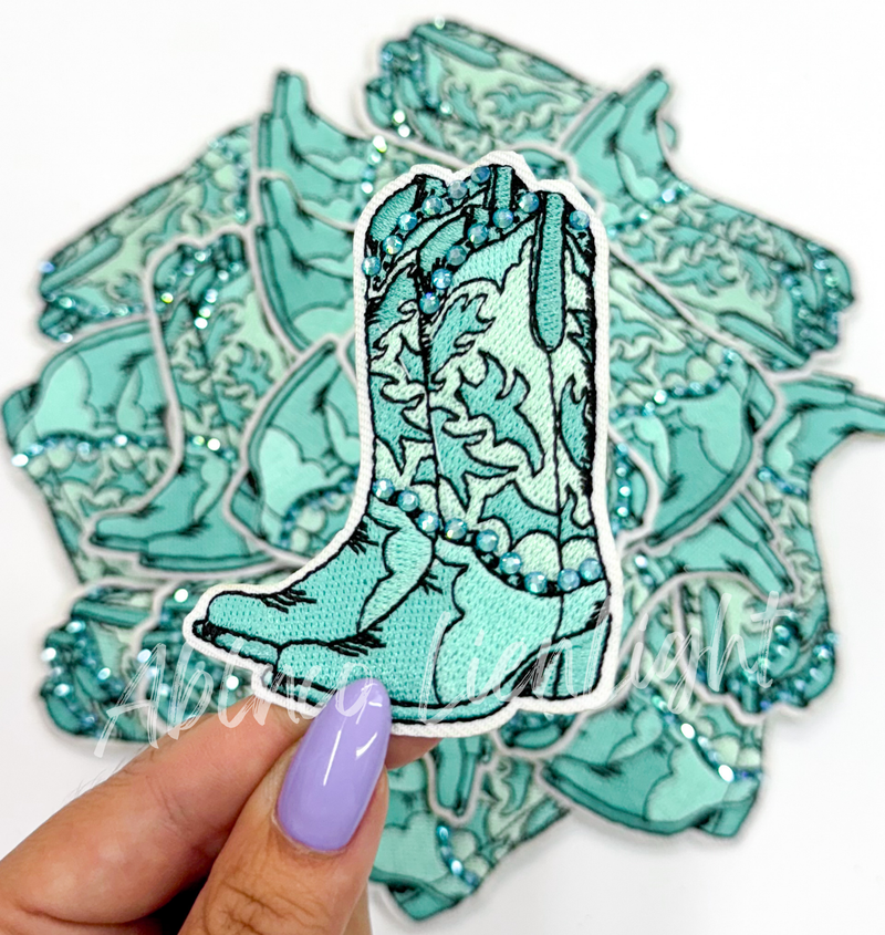 Turquoise rhinestone cowboy boot embroidery patch iron on