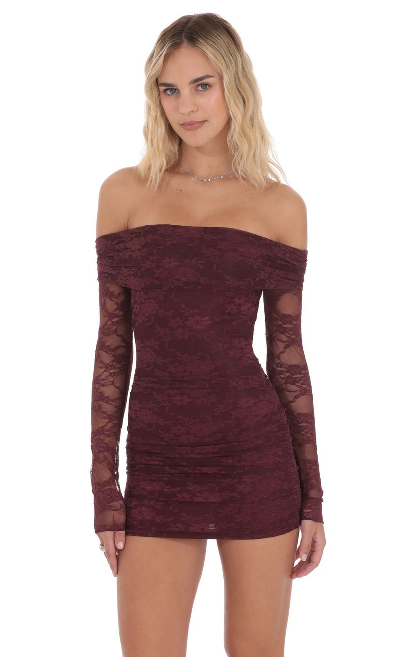 Burgundy Off Shoulder Lace Mini Dress