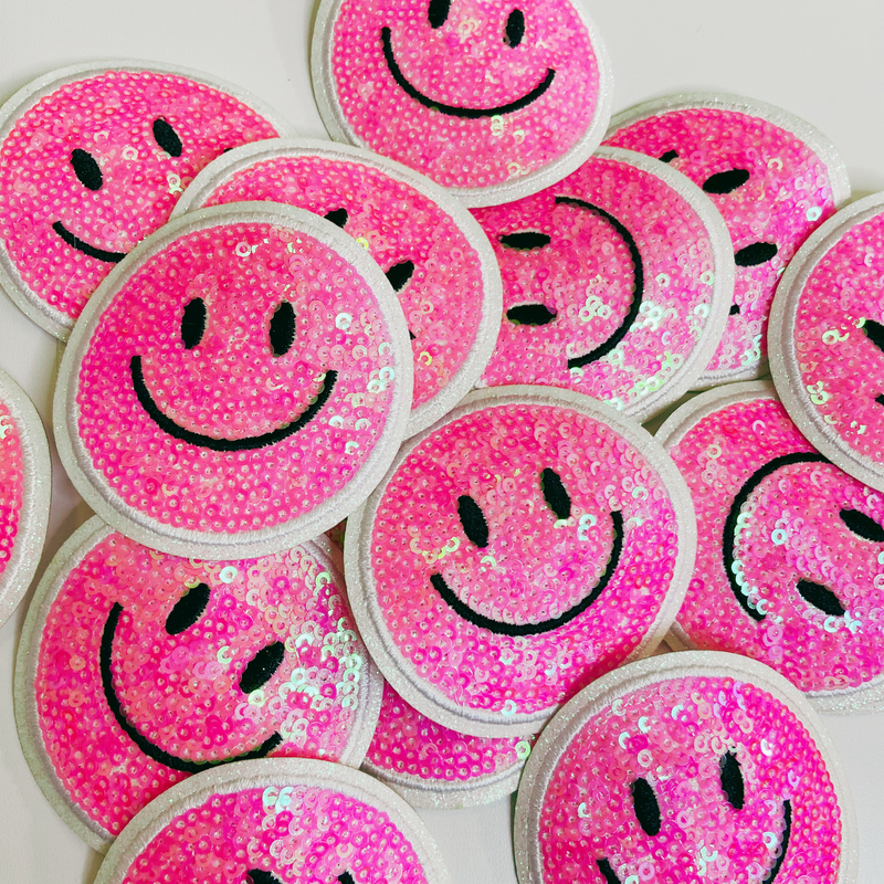NEON Pink or Yellow Sequin Smiley Face Patch
