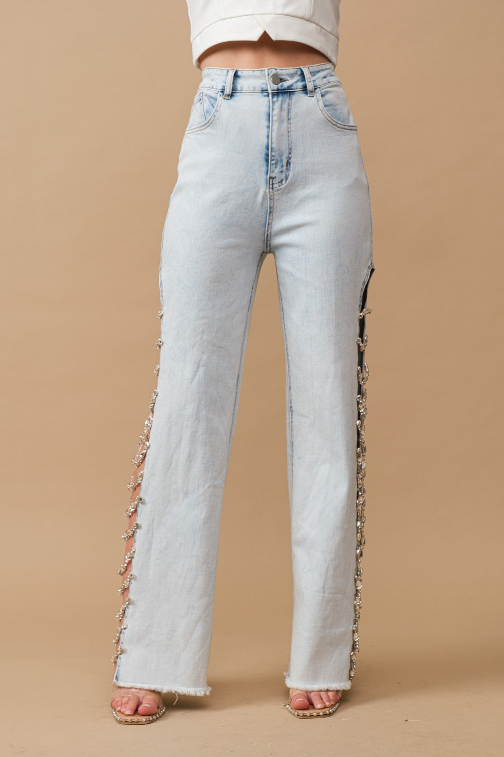Cut Out Jewel Trim Denim Jeans