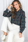 Bow Accent Puff Sleeve Collared Neck Plaid Shirt