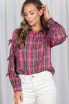 Bow Accent Puff Sleeve Collared Neck Plaid Shirt