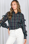 Bow Accent Puff Sleeve Collared Neck Plaid Shirt
