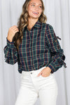 Bow Accent Puff Sleeve Collared Neck Plaid Shirt