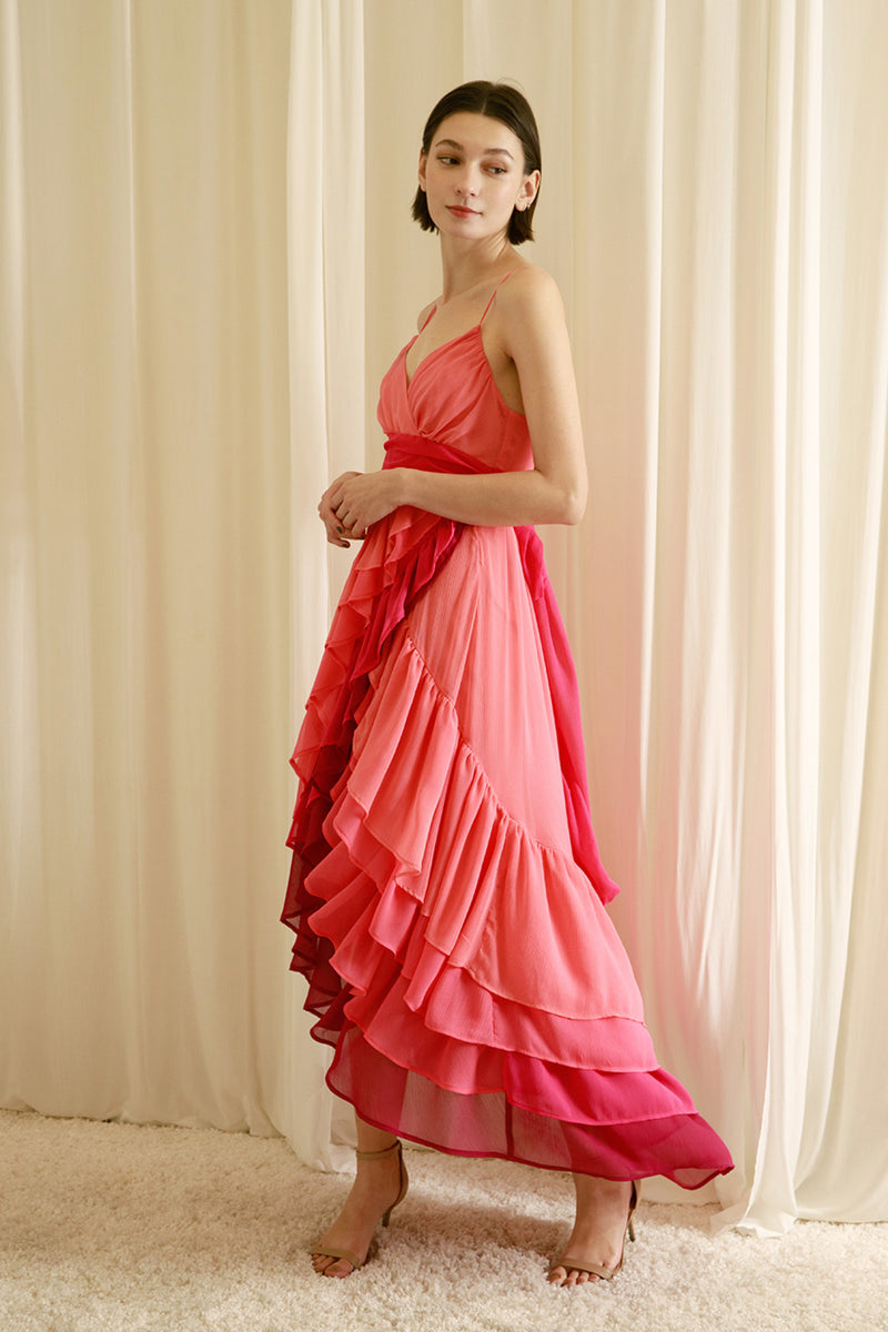 Coral/ Hot Pink Ruffle Maxi Dress