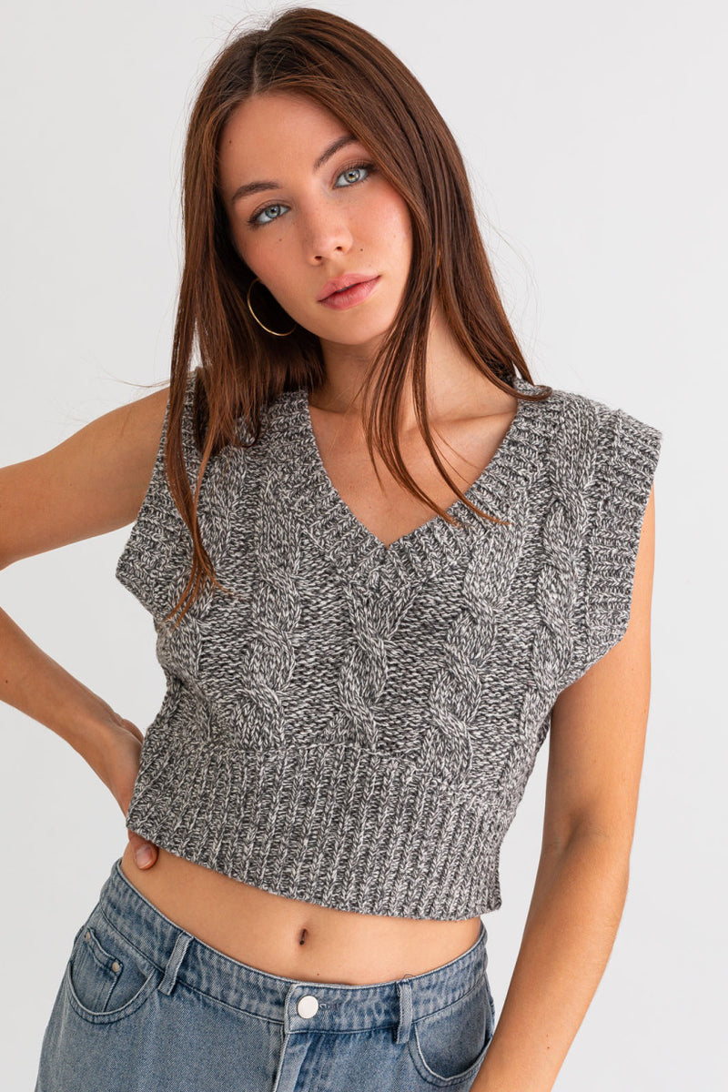 V Neck Sleeveless Cable Knit Sweater
