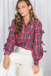 Bow Accent Puff Sleeve Collared Neck Plaid Shirt