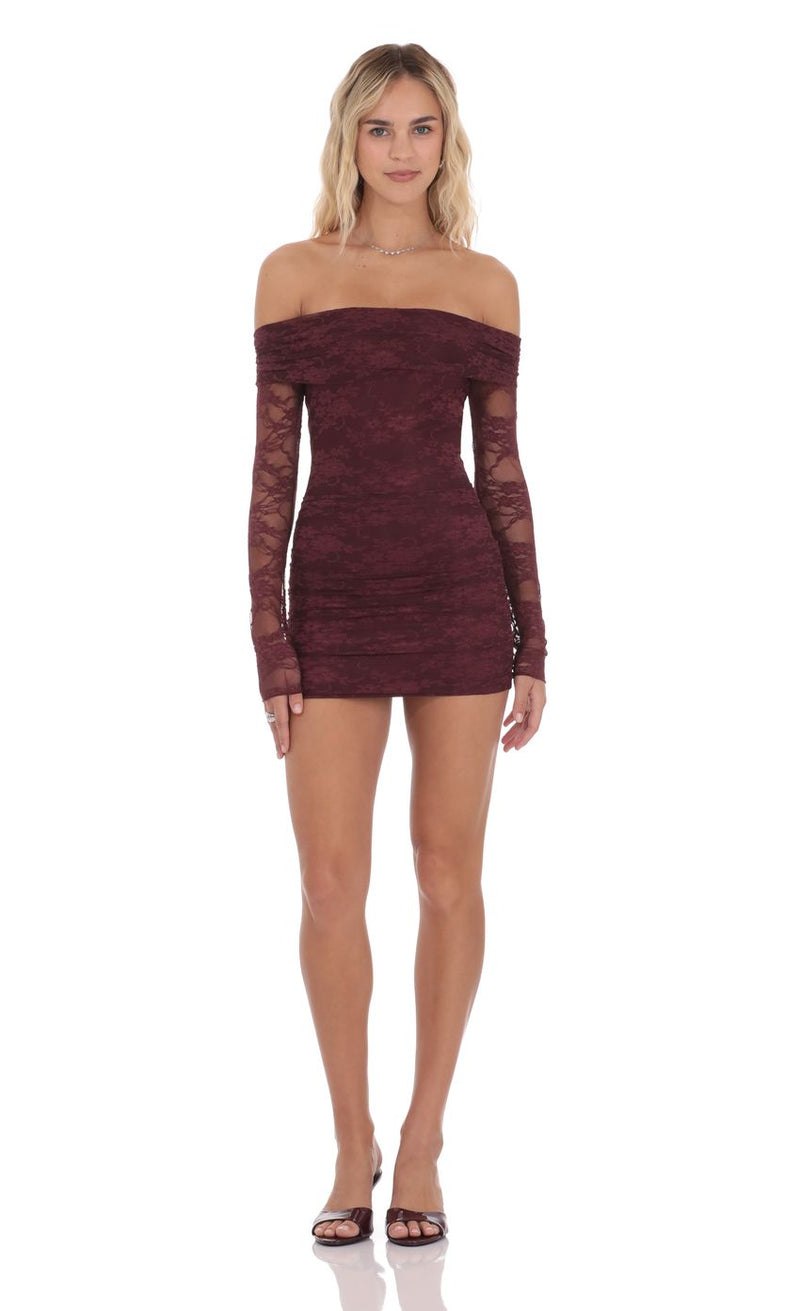Burgundy Off Shoulder Lace Mini Dress