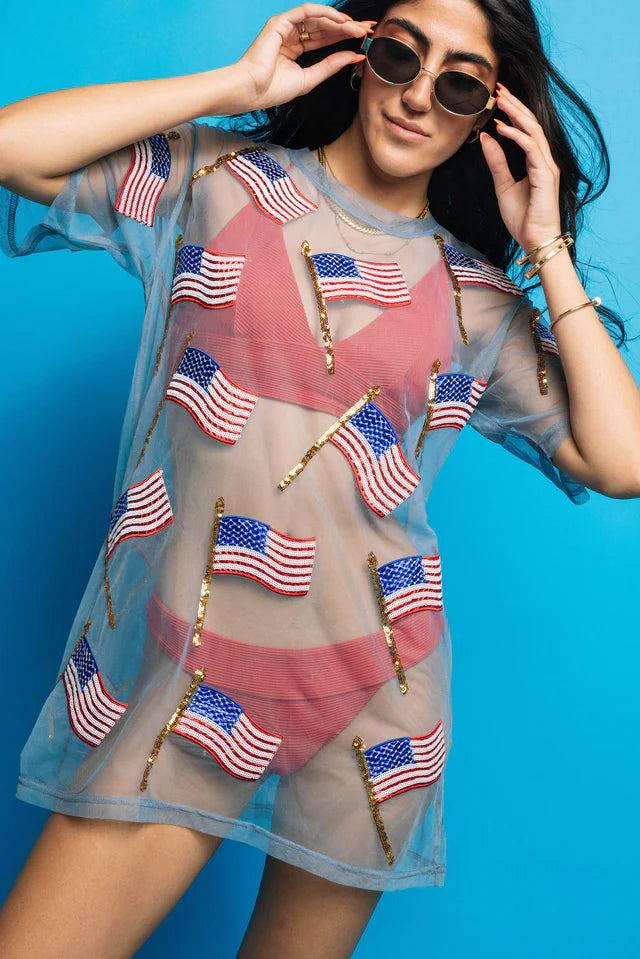 QOS Blue Sheer Flag Coverup-FINAL SALE