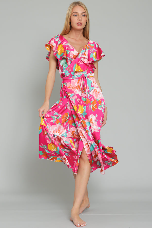 Fuchsia Multi High Low Wrap Dress