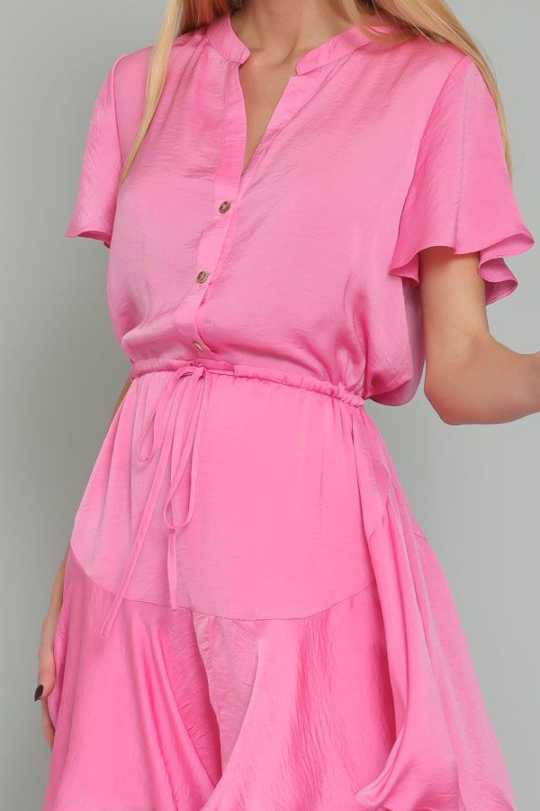 Pink Short sleeve Button Down Mini Dress