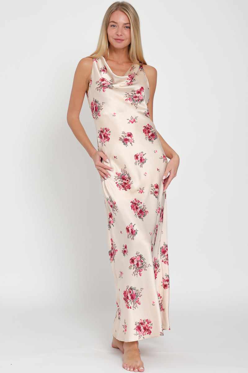 Sand/Red Cowl Neck Floral Maxi Dress